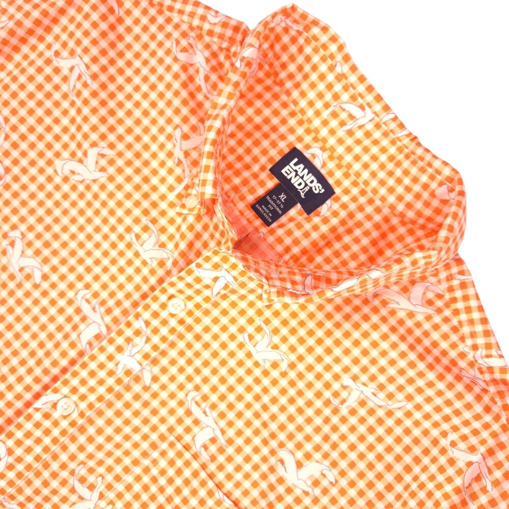 Lands End Shirt Mens XL Orange Gingham Seagull Print Cotton Short Sleeve S/S